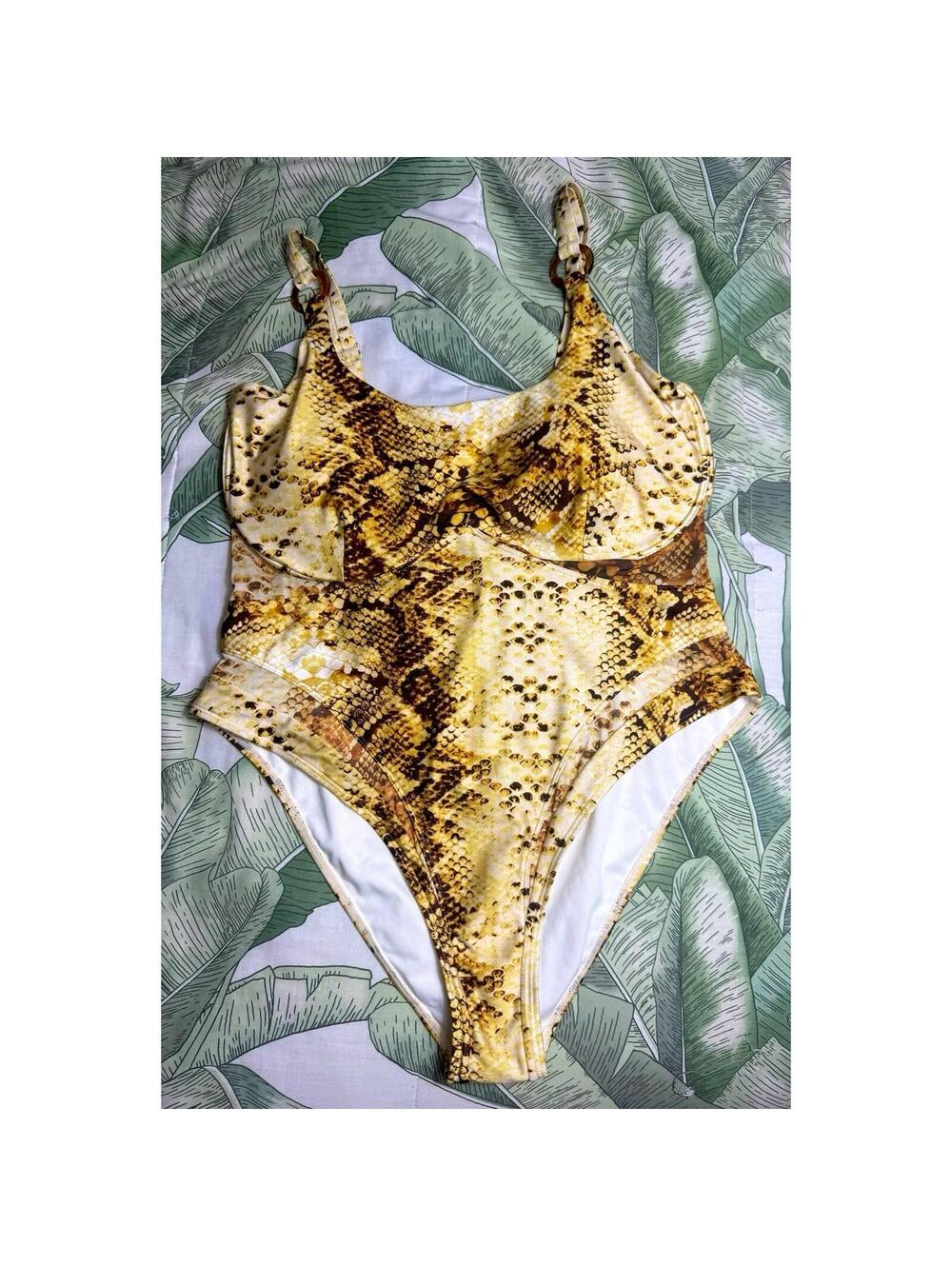 River Island Snake Print Underwire One Piece Swimsuit XL 16 Animal Print Yellow